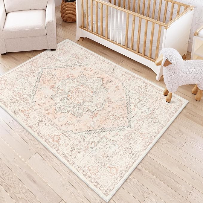LIVEBOX Pink Area Rug 5x7 - Soft Rugs for Bedroom, Non-Slip Pink Rugs for Bedroom Girls, Vintage Washable Cute Aesthetic Rug for Nursery Dining Room, Retro Print Distressed Accent Carpet for Apartment