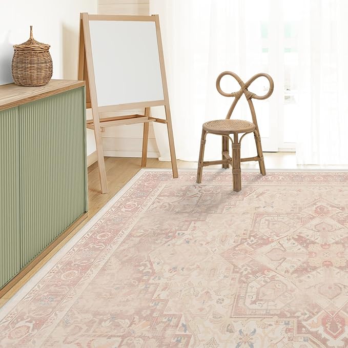 RUGGABLE Washable Area Rug – Kamran Soft Pink 10x14, Stain-Resistant, Non-Slip – Large Machine Washable Rugs for Living Room, Bedroom, Hallway, Entryway & Office–with Cushioned Pad