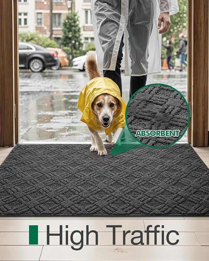 LUMI Indoor Door Mat, Absorbent Non-Slip Thin Doormat, Washable Door Mats, Woven Pattern Inside Floor Mat, Ideal for Entryway, Front Door, Home Decor, 17"x30", Woven Grey