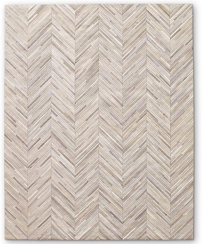 Elegant Rectangular Rug Cowhide Leather Luxury Non Slip Chevron Patchwork Area Rug for Living Room, Home Décor and Indoor Carpet (Beige-8 x 10 ft)