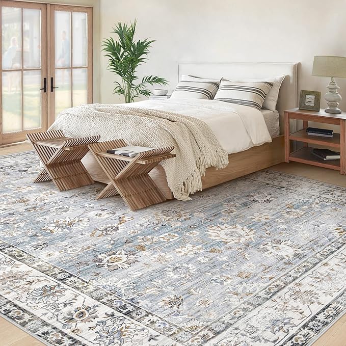 Area Rug 10x12 Living Room Rugs, Machine Washable Vintage Distressed Boho Area Rug Non-Slip Soft Low Pile Large Indoor Rugs for Bedroom Kitchen Dining Room Office(Light Blue,10'x12')