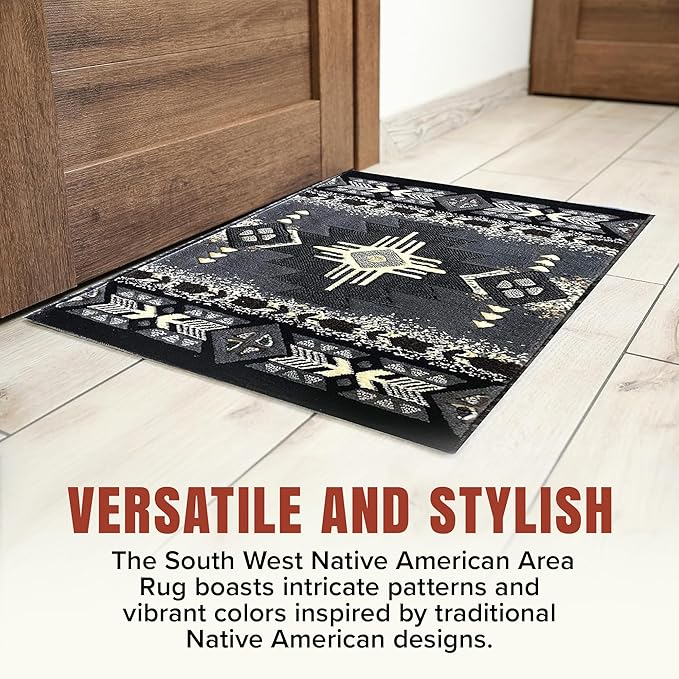 YHSF South West Native American Area Rug C318 - Easy Clean, Thick, Soft, Durable Native Tribal American Indian Inspired Rug for Bedroom/Living Room and More - Grey, 3 Feet x 4 Feet 7 Inches