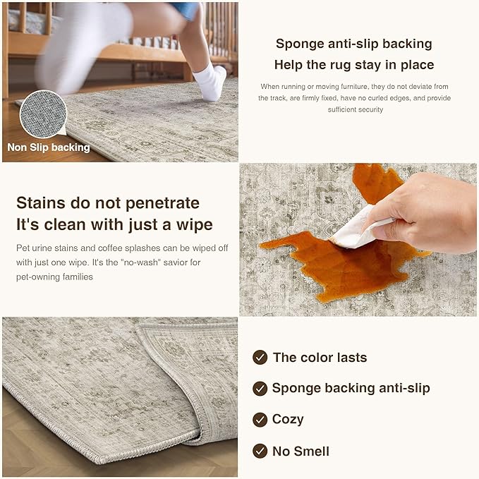 HUGEAR Washable Hallway 2x6 Runner Rugs Retro Beige Vintage Distressed Non Slip Stain Resistant Low Pile Neutral Throw Carpet for Bedside Kitchen Entryway Home Decor