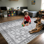 6x9 Washable Area Rug Non Slip, Faded Grey Living Room Rugs Low Pile, Thin Vintage Floral Carpets, Indoor Large Distressed Print Carpet for Bedroom Dining Room Farmhouse Home Office College Dorm