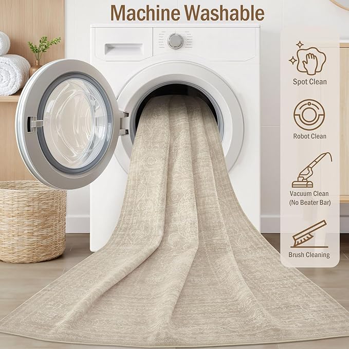 6x9 Area Rugs Living Room: Washable Large Vintage Rug Neutral Non-Slip Soft Stain Resistant Indoor Carpet for Bedroom Nursery Dining Room Under Table Bed Home House Office Playroom - Brown
