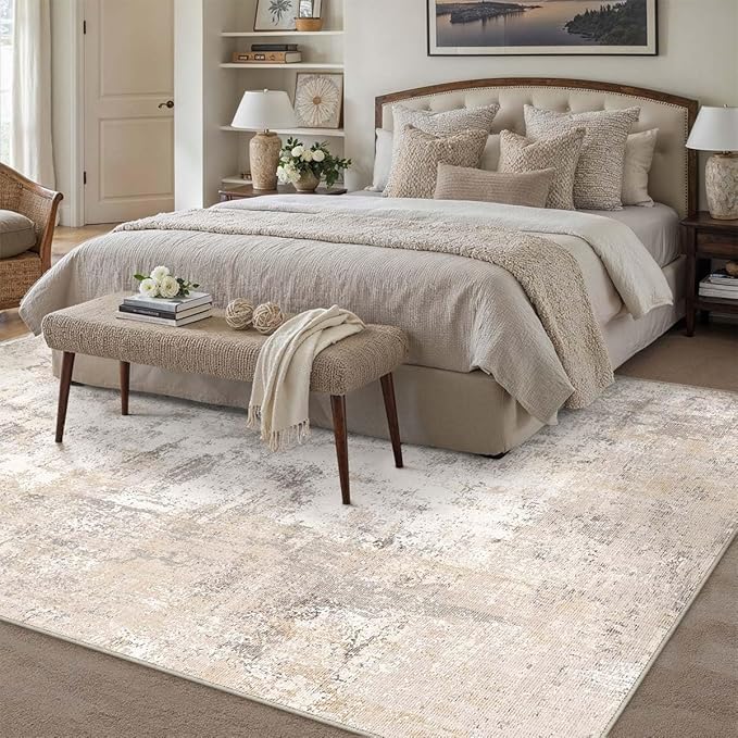 7x9 Washable Area Rug Beige Grey Abstract Living Room Bedroom Throw Rug Neutral Modern Non Slip Soft Low Pile Lightweight Indoor Carpet for Dining Room Office