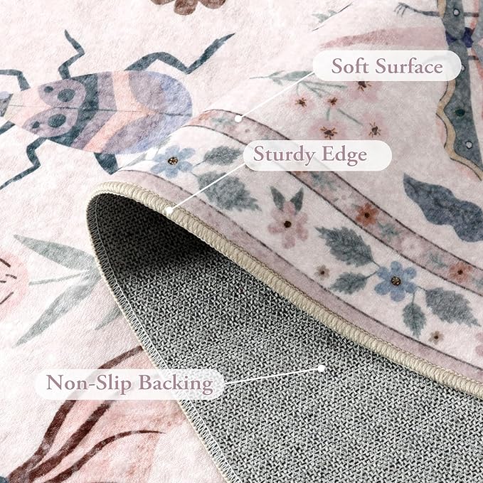 Lahome Insect Hallway Runner Rug, 2'5''x8' Ultra-Thin Washable Runners for Hallways Kitchen, Soft Laundry Room Rug Non-Slip Long Carpet for Entryway Bedroom Bathroom, Pink
