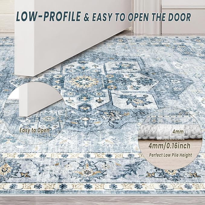 5x7 Area Rugs Washable Rugs for Living Room, Vintage Boho Rug Non-Slip Soft Floral Distressed Rug Low Pile Stain Resistant Carpet for Bedroom Nursery Office Dining Room Farmhouse Dorm(Blue, 5'x7')