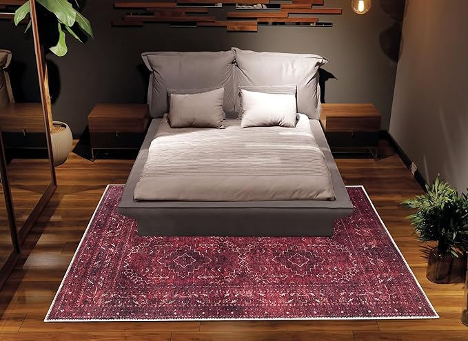 Bloom Rugs Washable Non-Slip 3' x 5' Rug - Dark Red Traditional Bordered Area Rug for Living Room, Bedroom, Dining Room, and Kitchen - Exact Size: 3' x 5'