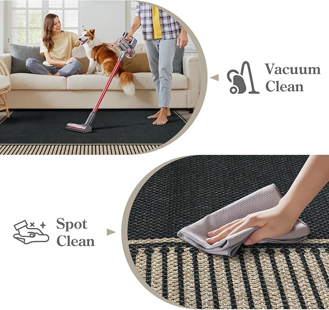 Moynesa Striped Border Easy Jute Outdoor Rug 8x10, Washable Indoor Outdoor Patio Area Rugs for Living Room Non Slip, Modern Classic Farmhouse Carpet for Dining Room Table, Black