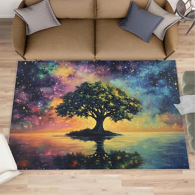 5x8 Tree of Life Kids Rug - Galaxy Tree Dining Room Rug, Dreamlike Starry Sky Area Rugs Indoor Modern Rugs for Bedroom Hardwood Floors Teen Room
