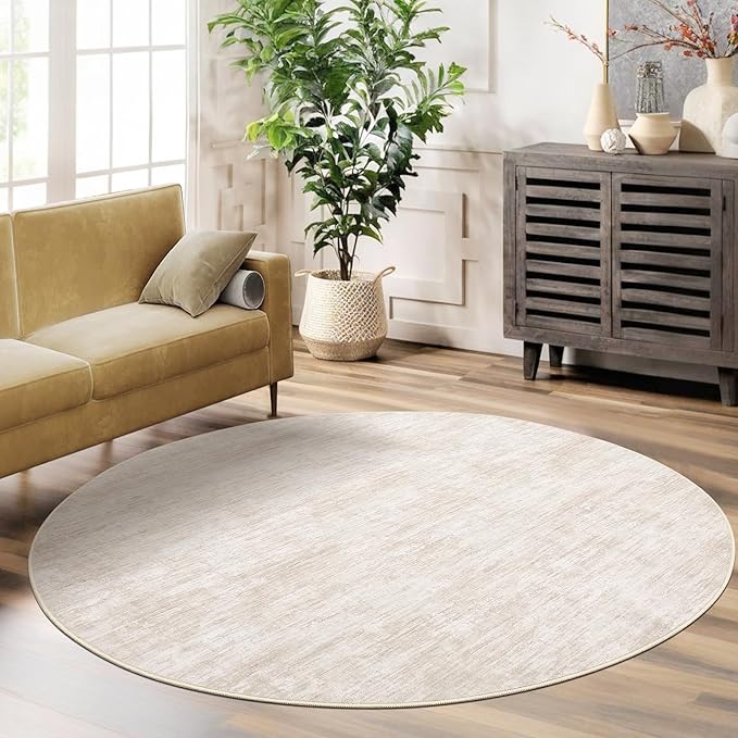 RUGSREAL Washable Round Rug 4x4 ft for Living Room Modern Round Rug Small Bedside Carpet with Rubber Backing Stain Resistant Small Entry Mat Neutral Circle Rug for Bedroom Nursery Home Decor, Beige