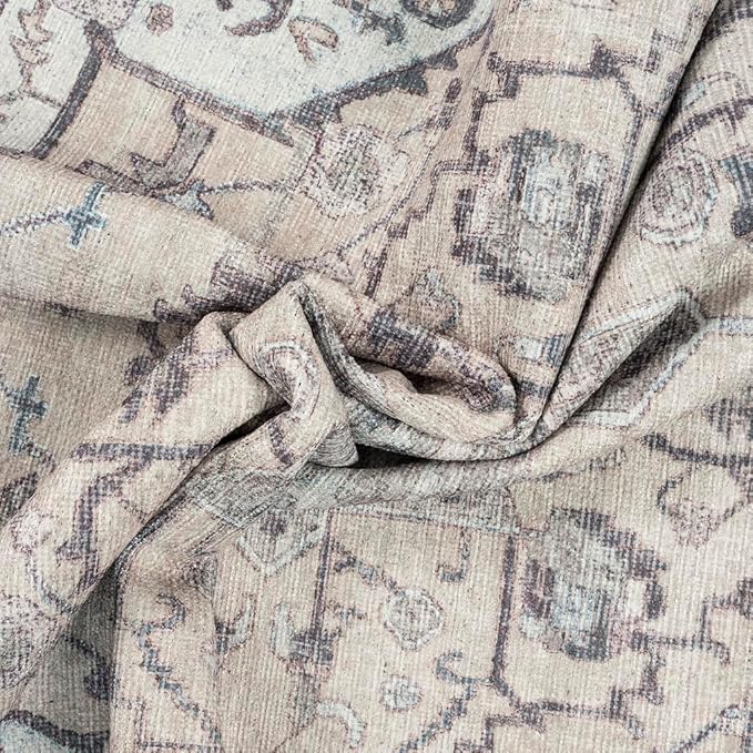 GLN Rugs Traditional Collection - Machine Washable Area Rug, Traditional Washable, Non Slip, Low Pile Chenille Rug, Living Room, Bedroom, Kitchen Rug (5' x 7' Cream/Gray)