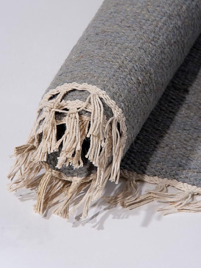 Rugsotic Carpets Hand Woven Flat Weave Kilim Wool ECO-Friendly Area Rugs - 9'x12', Rectangle Shape, Silver Color, Solid Plain Design, Low Pile Handmade Rugs for Living Room, Bed Room (D00111)