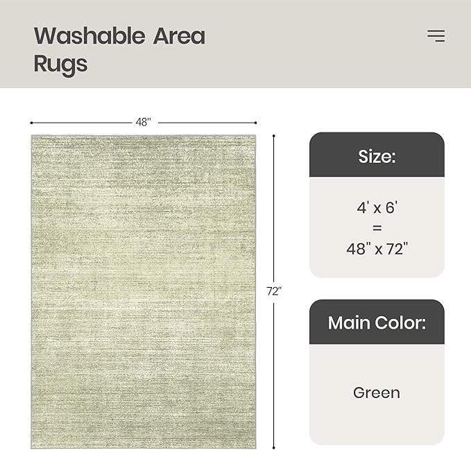 Valenrug Washable Rugs 4x6 - Stain Resistant 4x6 Area Rugs for Living Room, Non Slip Backing Printed Rugs for Bedroom, Folable Machine Washable Area Rug(4'x6', Green)