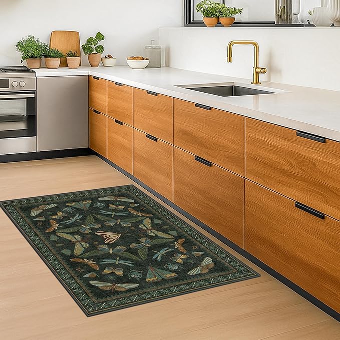 2x3 Entry Way Rugs Indoor - Dark Green Small Throw Rug for Kitchen, Bathroom, Insect Boho Design, Washable Non Slip Stain Resistant