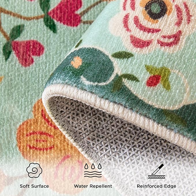 Living Room Rug 6x9 Rug Machine Washable Boho Area Rug Non Slip Floral Vintage Low Pile Large Rugs for Living Room, Bedroom, Farmhouse, Dining Room (Green)