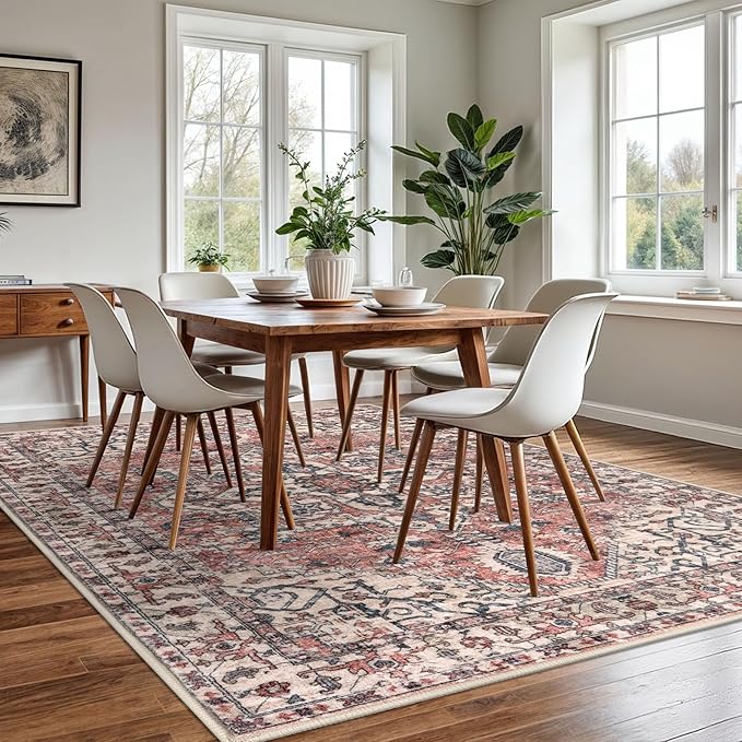 KOZYFLY Boho Area Rug 6x9 Ft Thin Washable Rugs for Bedroom and Living Room Faux Wool Printed Throw Carpet Non Slip Rug for Entryway Kitchen Dining Room, Terracotta/Beige