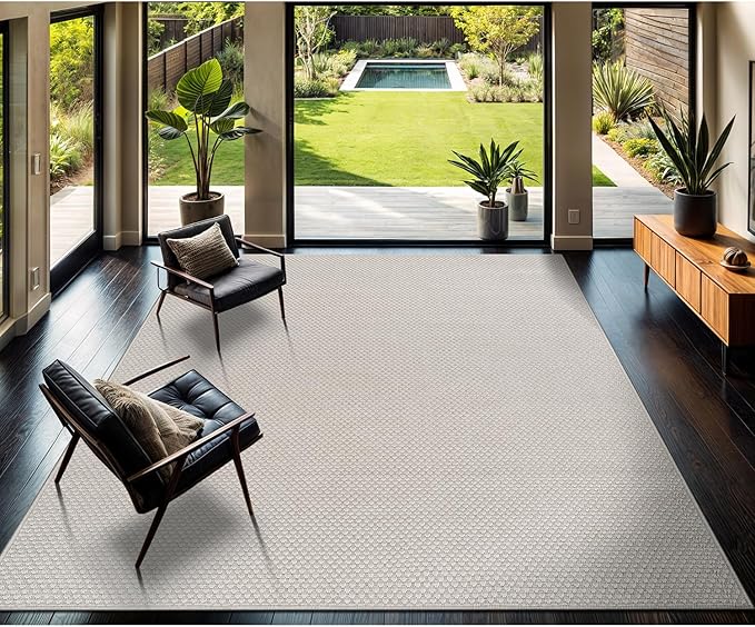 CAMILSON Easy Jute Rug 8x10, Indoor Outdoor Off-White Farmhouse Area Rugs for Living Room Patio and Kitchen Rug, Solid Woven Design, Easy-Cleaning, Non Slip Washable Outside Carpet Alfombras (8 x 10)