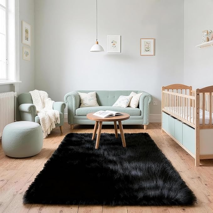 3x5 Solid Fluffy Black Area Rug – Washable, Durable, Living Room Rug, Non-Slip High Pile Shag Rugs for Bedroom, Living Room, Bedside, Dorms, Nursery Rooms, Kids Room, Soft Indoor Floor Carpet