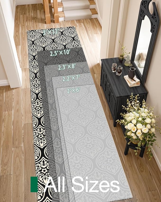 LUMI Washable Low-Pile Runner Rug Non Slip for Hallway, 2.3x8 Soft Carpet Absorbent Waterproof, Modern Black Area Mat Indoor High Traffic for Living Room, Entryway, Laundry