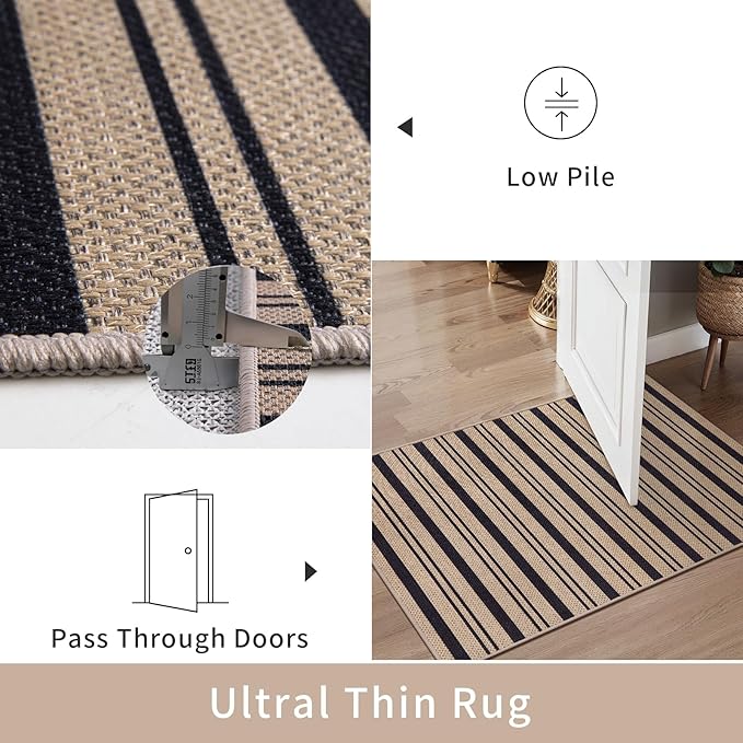 Tangsoo Stripe Easy Jute Rug,Ultra Thin 2x3 Outdoor Rug for Entryway,Non-Slip Washable Small Rug Modern Front Door Mat Throw Carpet for Kitchen Bedroom Porch Doorway