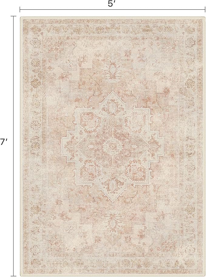 5x7 Area Rugs for Living Room, Machine Washable Rug, Non Slip Vintage Rugs, Low Pile Lightweight Print Rug for Bedroom, Dining Room, Home Office, Pink