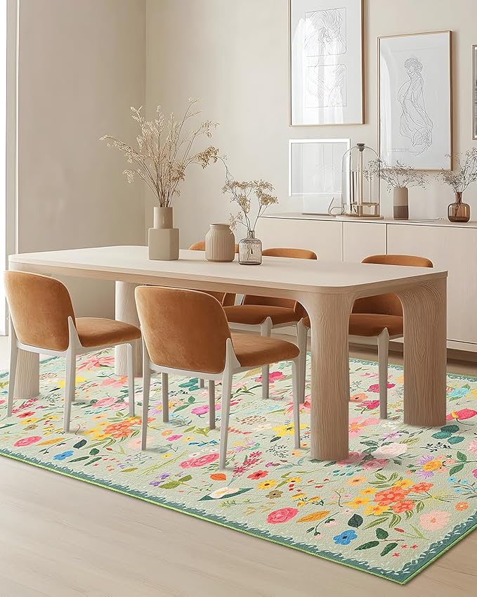 Boho Washable Area Rug 4x6 – Floral Low Pile Non-Slip Carpet for Living Room, Bedroom, Office, Playroom, Entryway, Kitchen, Dining Room (Green)