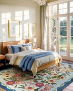 Floral Rugs for Living Room - 9x12 Soft Washable Area Rug Stain Resistant Ultra-Thin Non-Slip Low Pile Farmhouse Vintage Large Carpet for Bedroom Dining Room Nursery Home Office Decor, Blue