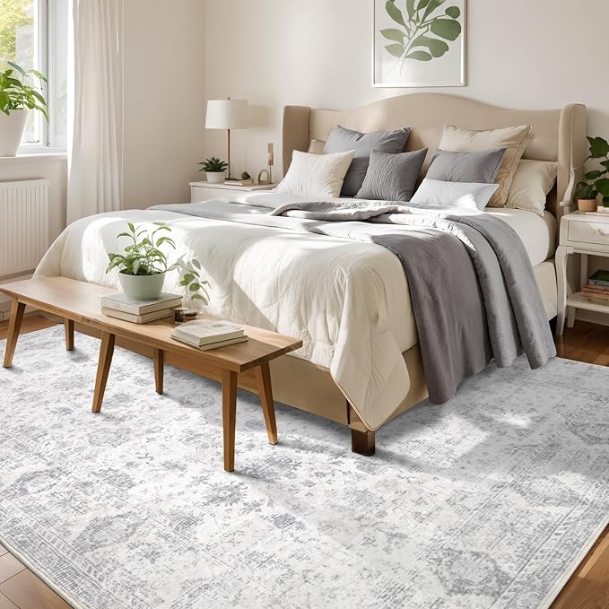 Washable 9×12 Area Rugs for Living Room, Vintage Floral Rug Soft Non Slip Stain Resistant Boho Carpet for Bedroom Dinning Room Kitchen Home Office Grey