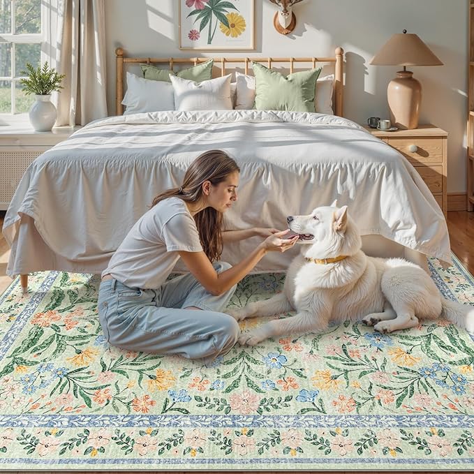 Lahome Sage Green 6x9 Bedroom Rugs, Boho Washable Rugs for Living Room, Soft Wool Carpet for Nursery, Vintage Low Pile Carpet for Kids Playroom Girls, Tea Green