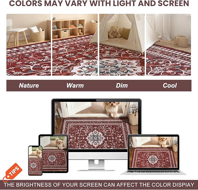 Luxury 5' x 7' Red Washable Area Rugs, Boho Low Pile Easy Clean Non-Slip Rug, Floral Medallion Pattern Vintage Rugs for Living Room, Dinning Room, Office, Bedroom, Bathroom, Laundry Room, Farmhouse