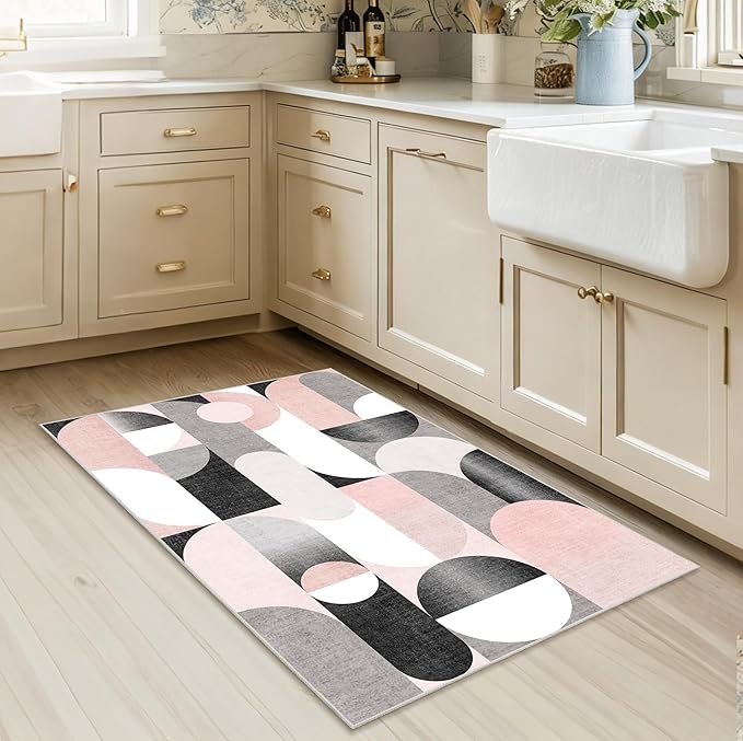 Small Rugs 2x3 Pink Rug for Entryway Bathroom Kitchen Entrance Doormat,Modern Washable Boho Accent Floor Throw Carpet Non Slip,Blush Grey Black