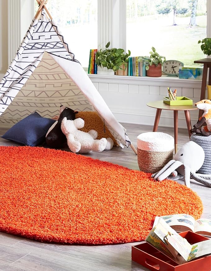 Unique Loom Solid Shag Collection Area Rug (8' x 10' Oval, Tiger Orange)