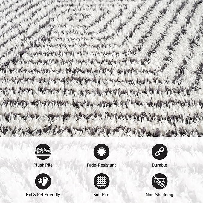 Rugshop Geometric Diamond Stripe Shag Area Rug White 4' x 6' Ideal for Small Living Rooms, Offices, or Beside The Bed