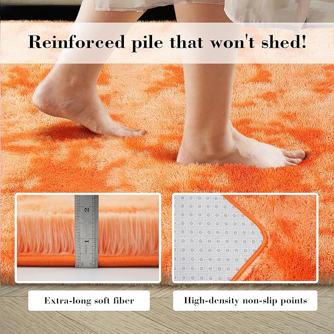 Mottling Orange Fluffy Rug Shaggy Area Rug, 4x6 Area Rugs for Girls Bedroom, Soft Cute Baby Play Mat, Indoor Floor Carpet for Teen, Nursery, Preppy Dorm, Plush Aesthetic Bedside Rug