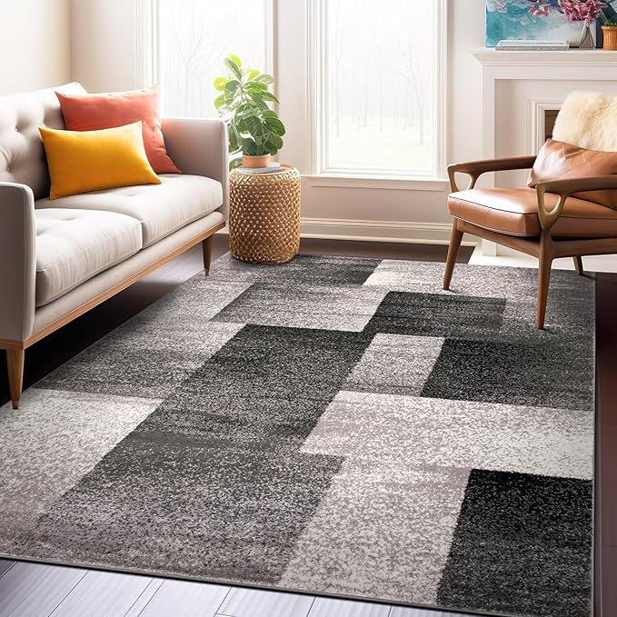 Rugshop Gray Modern Distressed Boxes Area Rug, Cozy Non-Shedding Pile for Living Room, Bedroom and Dining Area, 5' x 7'