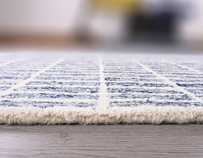 Hand-Tufted 100% Wool Area Rug – Unique Modern Geometric Grid Pattern, Soft Plush Textured Carpet for Living Room, Bedroom, Dining Room & Entryway (Denim Blue, 9' x 9' sq)