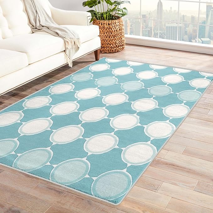 Aqua and White Area Rug, 7x10, Modern, Machine Washable, Non Slip, Fade Resistant, Stain Resistant, Foldable, Indoor Use Only