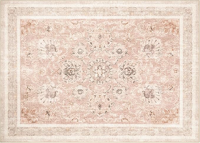 Phantoscope Washable Area Rug 5'x7' Non-Slip, Vintage Neutral Rugs for Living Room, Bedroom, Dining Room, Distressed Boho Floral Medallion Pattern, Low-Pile Foldable Floor Carpet, Soft Pink/Beige