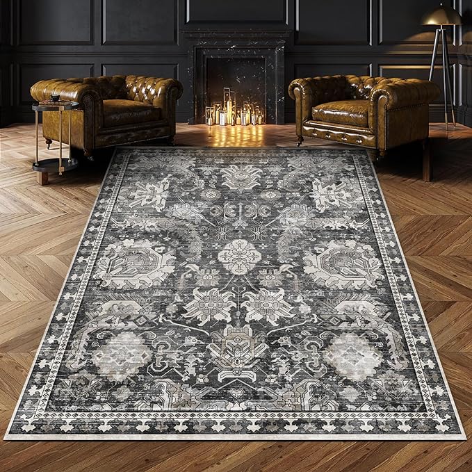 RUGSURE Washable Area Rugs - Perfect for Living Room, Bedroom, Kids Room, Nursery - Stain & Water Resistant Non-Slip, Pet & Child Friendly, Vintage Tribal Area Rugs (Grey, 3' x 5 ')