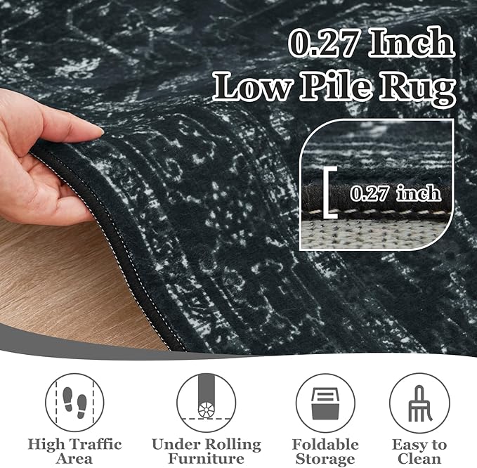 Vintage Black Washable Area Rugs 5x7 for Living Room, Distressed Medallion Printed Rugs for Bedroom, Non Slip Washable Low Pile Thin Carpet Rugs for Dining Room/Kitchen/Foyer/Home Office