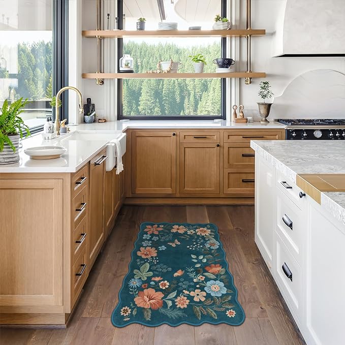 Lahome Floral Washable Entryway Rug, 2X3 Soft Kitchen Rugs Non-Slip, Ultra-Thin Door Mat Indoor Entrance Stain Resistant Boho Small Throw Carpet for Bathroom Bedroom Entry, Navy Blue