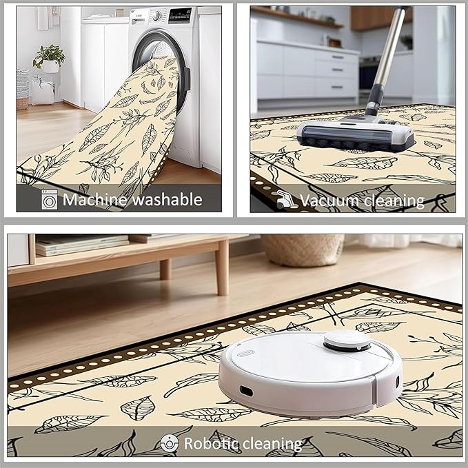 Medieval French Style Area Rugs 2x3ft, Off-White Botanical Leaf Pattern Rug, Low Pile Carpet, Washable & Non-Slip for Living Room, Bedroom, Dining Room, Dorm