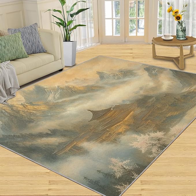 Misty Peaks Rugs for Bedroom - 4x5 Area Rug - Classic Fairy Palace Rugs for Living Room, Fairy Forest Rug, Washable Home Decor Carpet