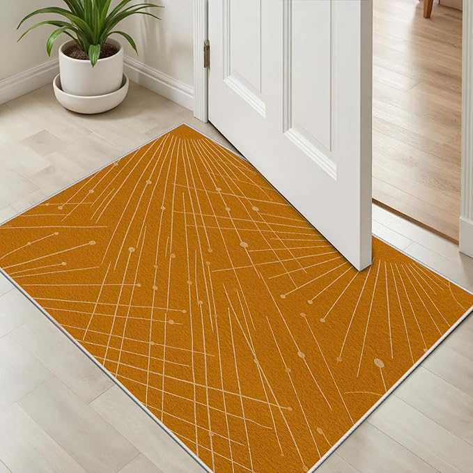 Modern Washable Area Rug 2x3, Boho Minimalist Non-Slip Rugs, Abstract Striped Soft Carpet for Living Room Bedroom Nursery Room Home Decor Office, Pet Friendly, Orange Beige