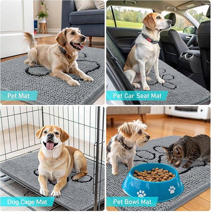 OLANLY Dog Door Mat for Muddy Paws 47x32, Paw Print Design, Absorbs Moisture and Dirt, Absorbent Non-Slip Washable Doormat, Quick Dry Chenille Mud Mat for Dogs, Entry Indoor Entryway Carpet, Grey