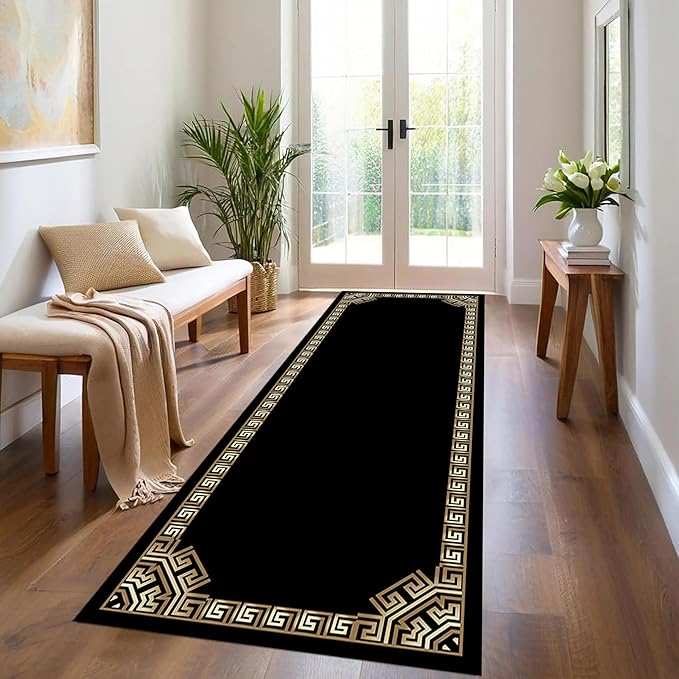 Greek Key Runner Rugs, 3.3x7ft, Vintage Traditional Tribal Black and Gold Color Stain Resistant Long Rug Runners, Entryways Non Slip Washable Sturdy Room Decor Mat for Kitchen Bedroom