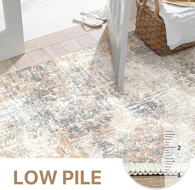 Bavni 9x12 Area Rugs Machine Washable Rug for Living Room, Modern Printed Rug Indoor Soft Area Rug for Bedroom Dining Room, Ultra-Thin Low Pile Carpet with Non Slip Rubber Backing, Beige Gray