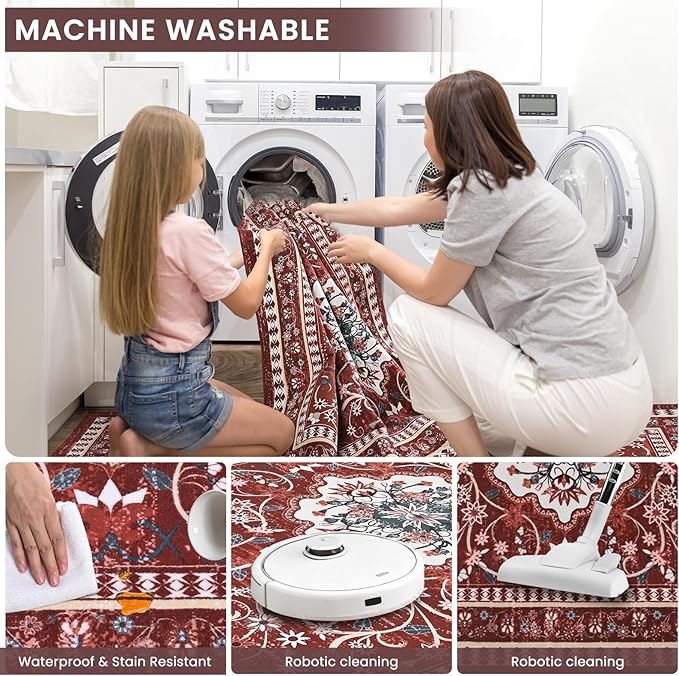 Luxury 5' x 7' Red Washable Area Rugs, Boho Low Pile Easy Clean Non-Slip Rug, Floral Medallion Pattern Vintage Rugs for Living Room, Dinning Room, Office, Bedroom, Bathroom, Laundry Room, Farmhouse